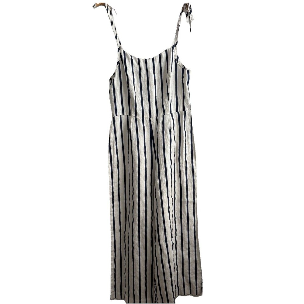 J. Peterman Women's Linen Jumpsuit Size 14 Navy White Monte Carlo Wide Leg